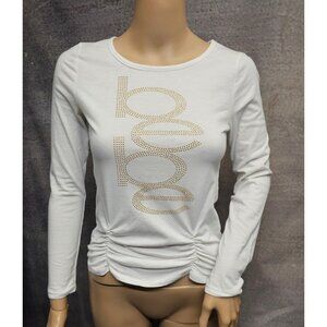 BEBE GIRLS XL 16 WHITE RUCHED FRONT SLIM FIT GOLD STUD LOGO L/S TOP TEE